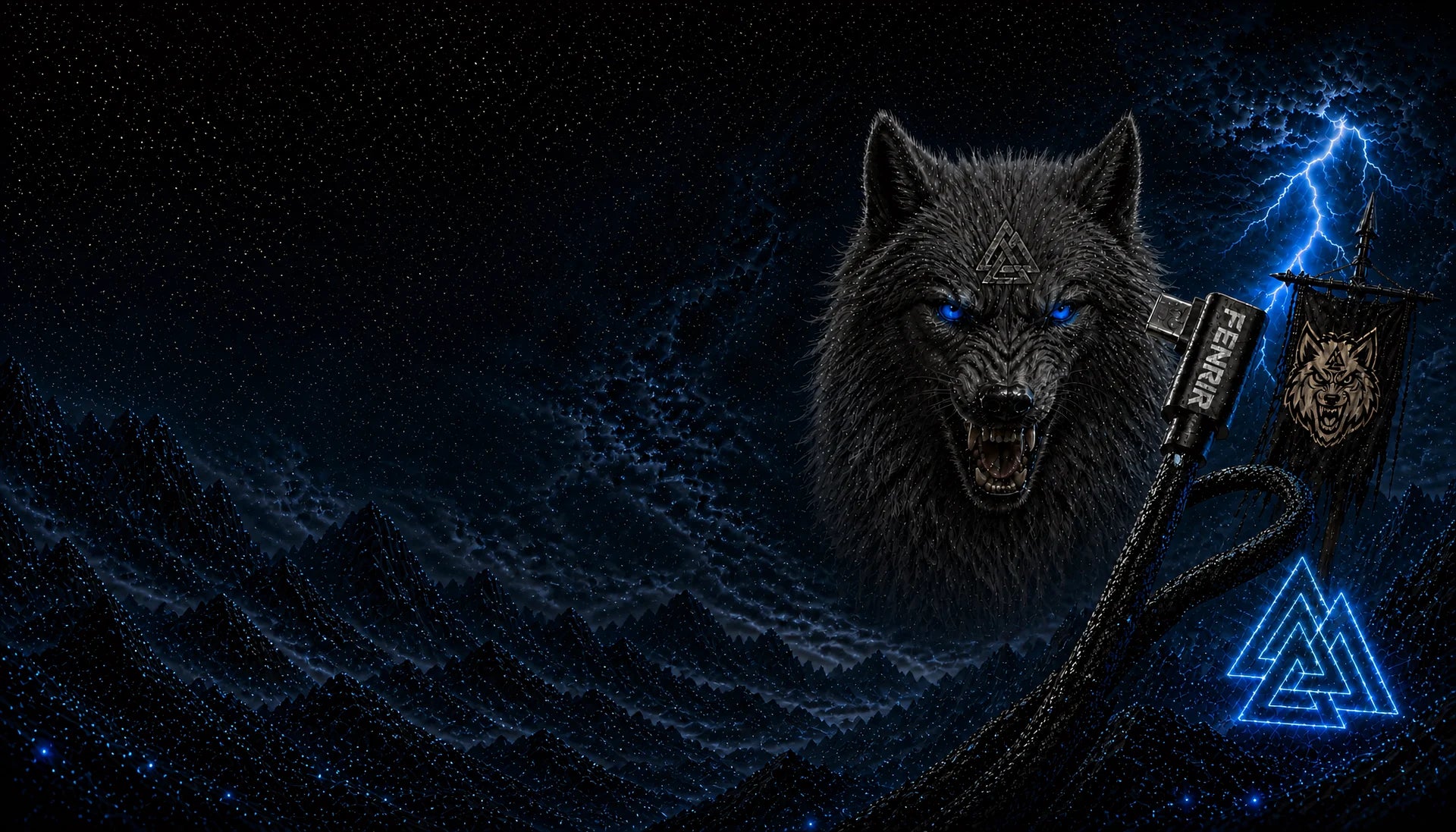 Fenrir Wolf — Norse hero with USB-C cable, valknut and lightning